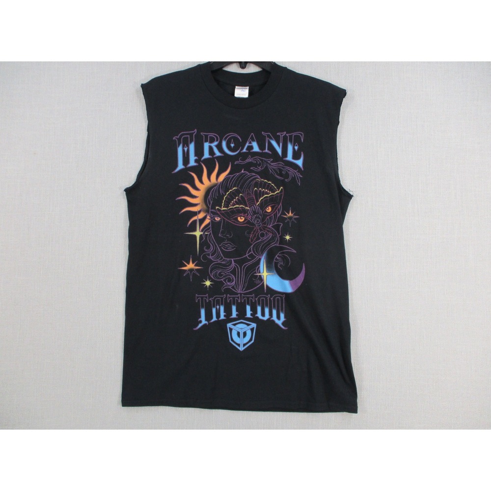 Arcane Tattoo Graphic Muscle Tee Sleeveless Black Crew Neck Shirt Women Medium